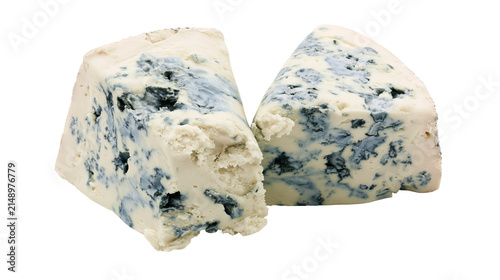 Obraz na plátne Two wedges of blue cheese with visible mold veins