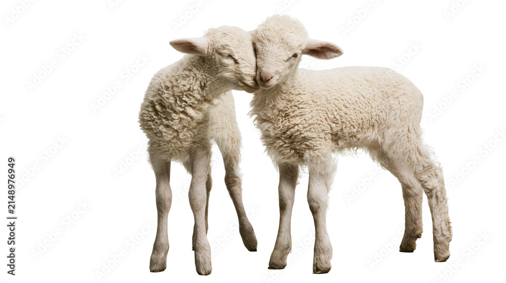 Fototapeta premium Two fluffy lambs nuzzling each other with closed eyes