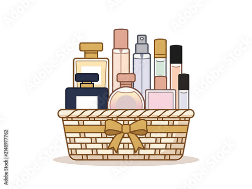 Colorful gift basket with fragrance bottles