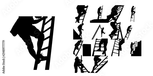 Person Climbing A Ladder Silhouette Close Up View Black Silhouette White Background