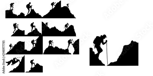 Person Climbing A Mountain Silhouette Full Body View Black Silhouette White Background