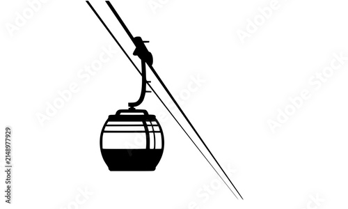 Cable car gondola lift lift icon featuring outline silhouette of mountain ropeway cabin, alpine ski resort transport system, and aerial tramway line vector illustration.