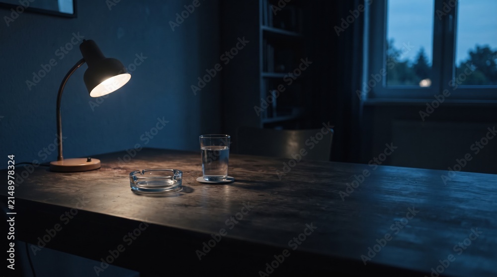 Fototapeta premium A cozy corner of a room features a wooden table with a glass of water and an ashtray. A lamp casts a gentle light, creating a calm atmosphere as dusk settles outside.