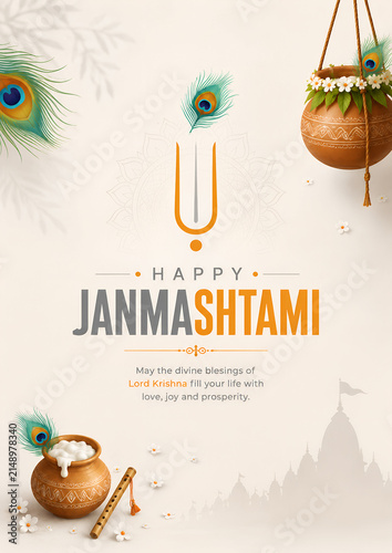 Happy janmashtami greeting card design with traditional clay pots peacock feathers and flute on a light background
