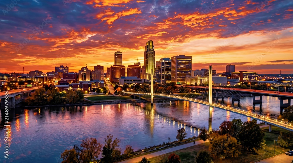 Fototapeta premium Cityscape at Sunset With River and Bridges