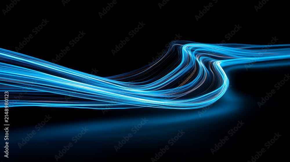 Abstract Blue Neon Light Streaks on Black Background