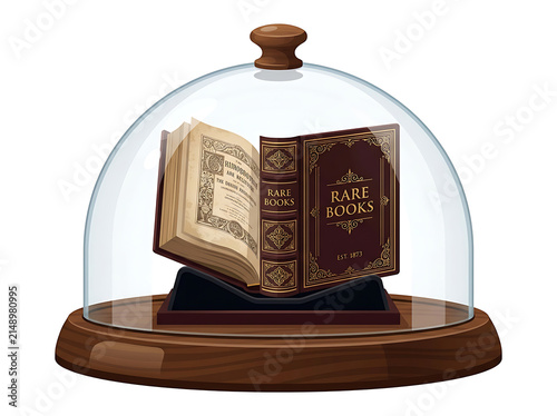 Glass cloche covering vintage books on shelf