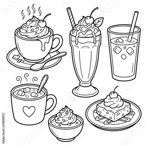 Cute black and white doodle desserts and drinks