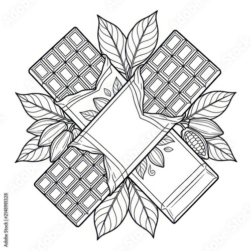 Chocolate bars and cacao pods with leaves illustration