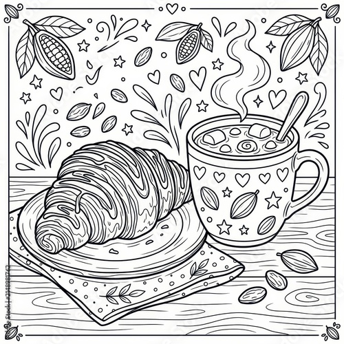 Croissant and hot chocolate coloring page