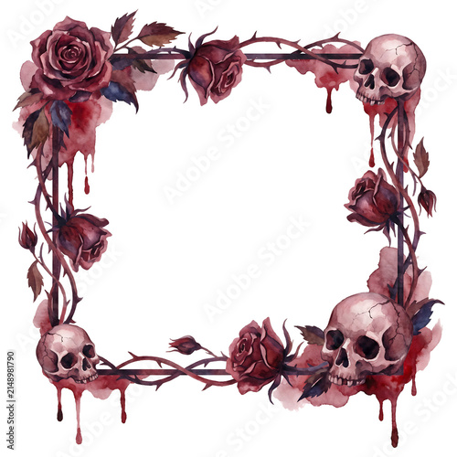 Watercolor gothic skull and red rose square frame with thorny vines and dripping blood, romantic horror Halloween border with copy space on paper texture, isolated illustration
