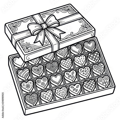 Heart shaped chocolates in a box illustration coloring page