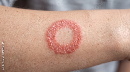 Close-up of a red, circular rash on human skin, likely a fungal infection like ringworm.