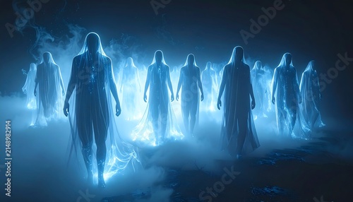 Ethereal Blue Spirits Emerging from Darkness in a Mystical Spiritual Realm.
