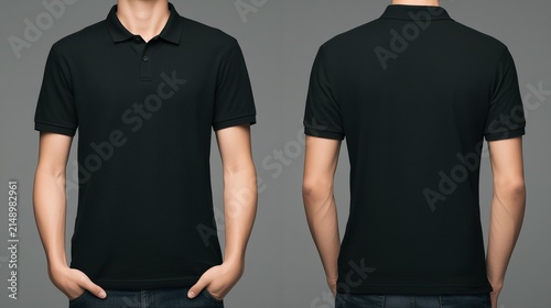 Man Wearing Blank Black Polo Shirt Front and Back View Mockup