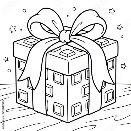 Line art gift box with ribbon and bow