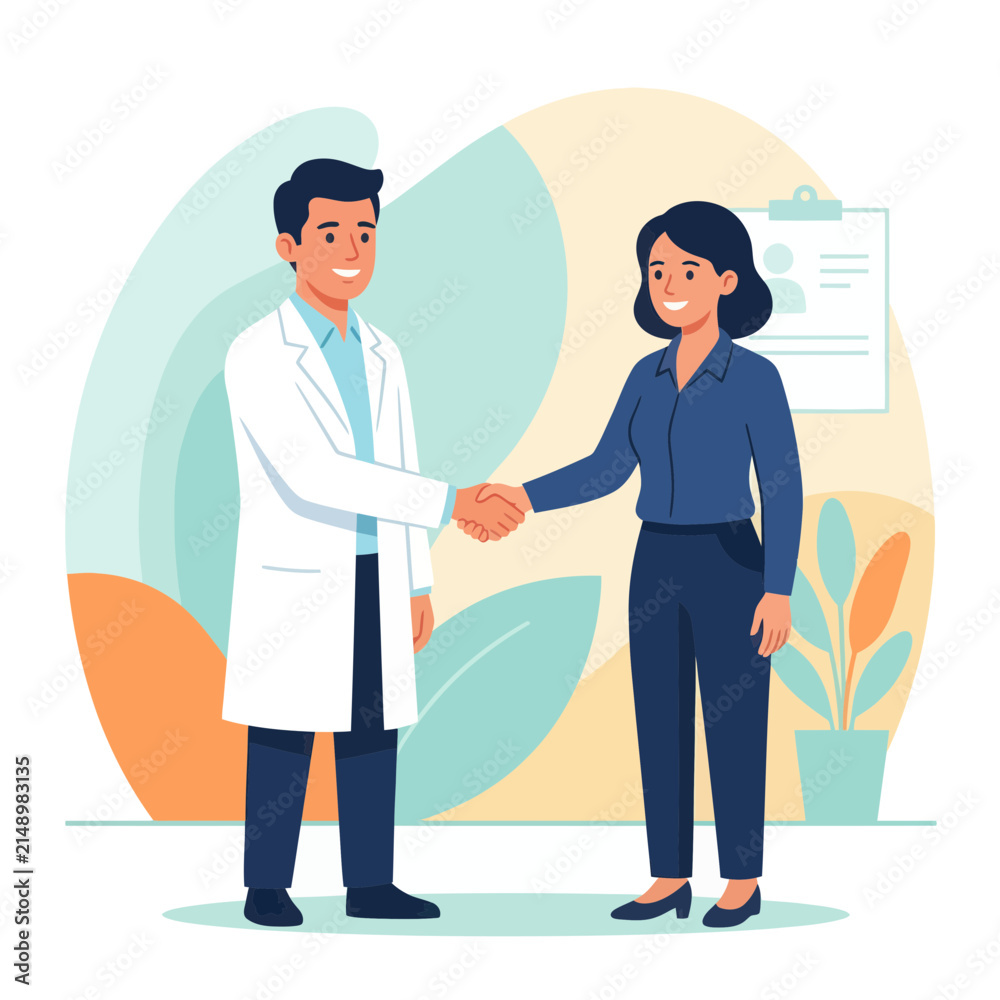 Fototapeta premium Doctor and Patient Shaking Hands in Modern Office with Abstract Background and Plants