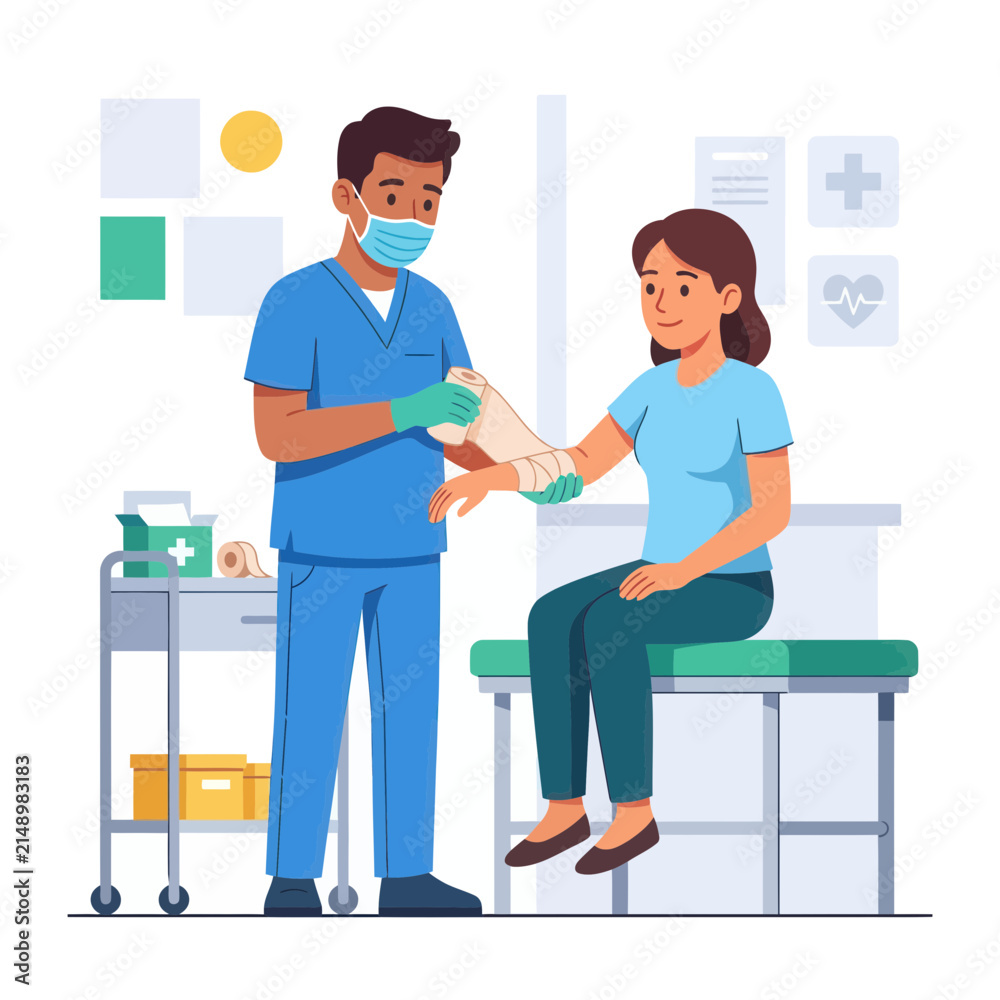 Obraz premium Doctor Bandaging Patient's Arm in Medical Clinic - Flat Illustration with Healthcare Theme
