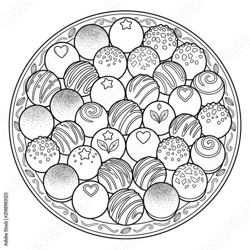 Black and white mandala of assorted chocolates