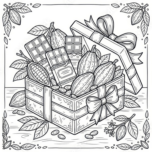 Chocolate gift box with cacao pods and bars
