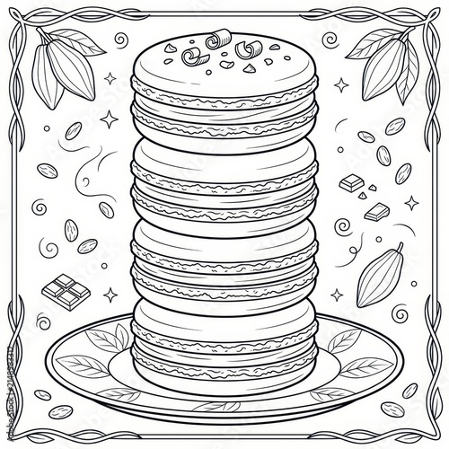 Stack of macarons with chocolate details and cocoa pods