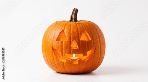 Принти на полотні Spooky Halloween pumpkin with candlelit jack o' lantern face on white background
