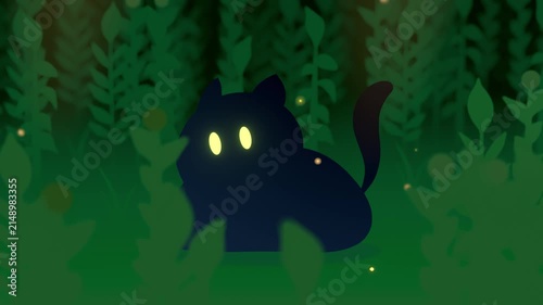 cartoon style illustration cat silhouette in the forest, with particle ambient, perfect for music vibe background loop animation