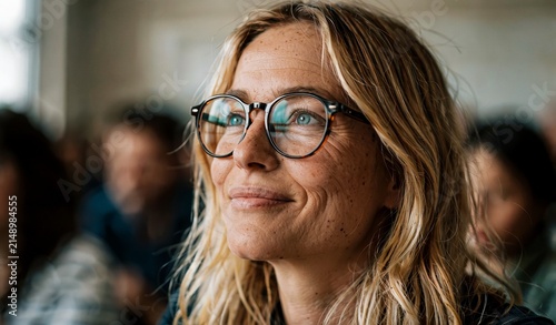 Smiling Woman with Glasses Looking Off-Camera in Bright Indoor Setting