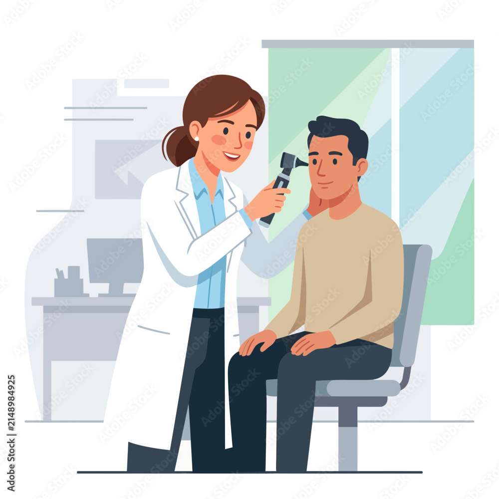 Fototapeta premium Doctor examining patient's ear with otoscope in a clinic, healthcare concept, flat illustration