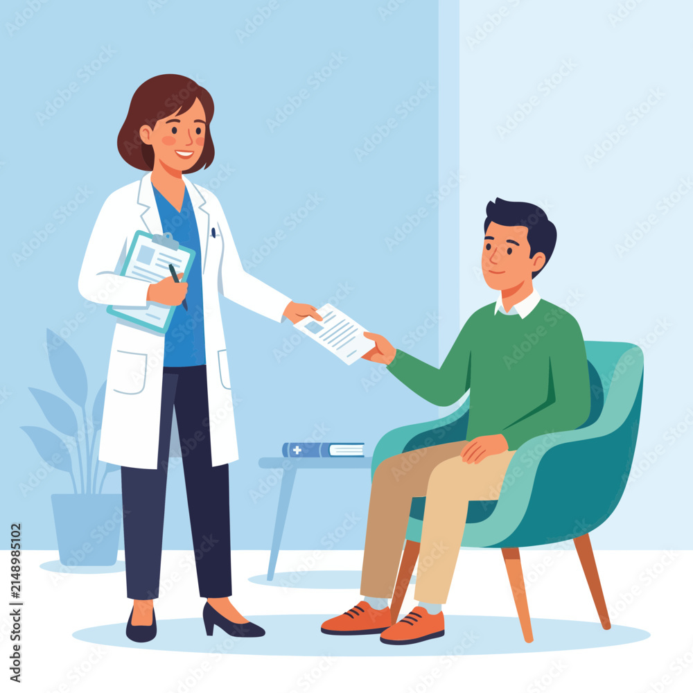 Fototapeta premium Doctor Giving Medical Document to Patient in Clinic Waiting Room - Vector Illustration