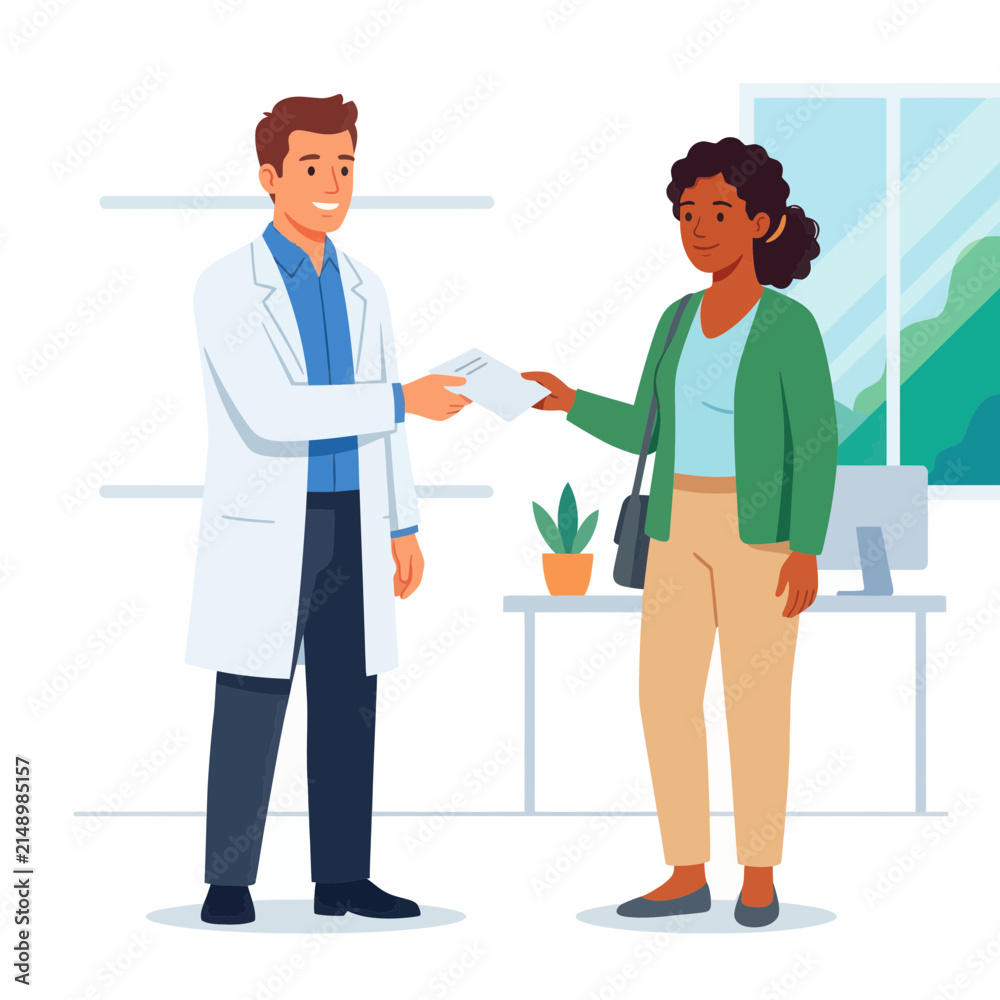 Fototapeta premium Doctor Giving Paperwork to Patient in Modern Clinic Office