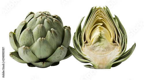 Whole artichoke and half artichoke showing inner layers and heart