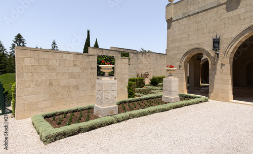 Unique splendor of greenery and decorative sculptures as a decorations in Bahai Gardens near Acre city in northern Israel.