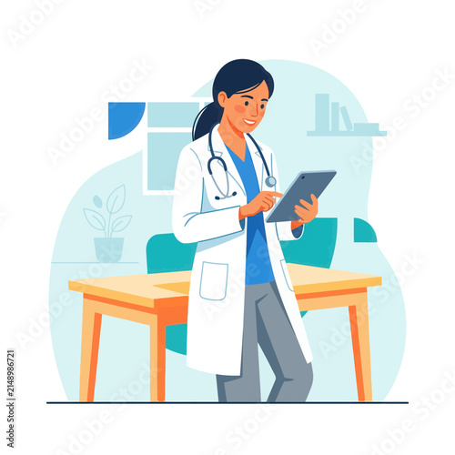 Friendly female doctor in white lab coat with stethoscope using tablet in clinic, modern flat vector illustration
