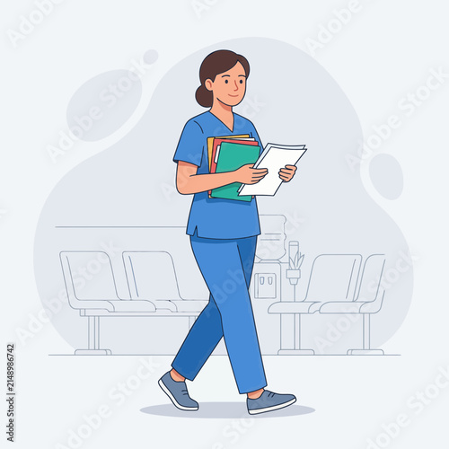 Friendly female healthcare professional in blue scrubs walking with patient files in a clinic waiting room