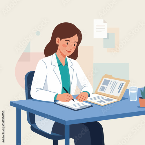 Friendly female doctor in white lab coat writing on clipboard at desk with laptop and glass of water, vector illustration