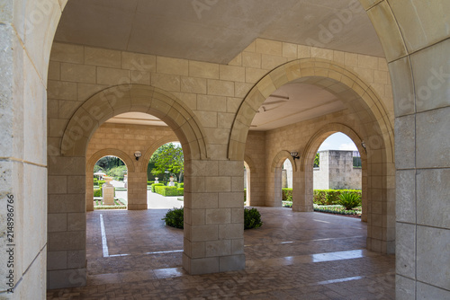 Decorative stone archway at the entrance in Bahai Gardens near Acre city in northern Israel.