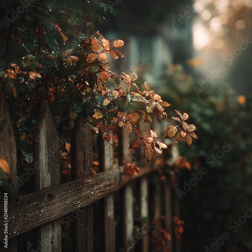 Rustic fence adorned with vibrant autumn foliage in soft light.