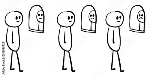 hand drawn stick figure looking in the mirror. self image. checking appearance. personal development. gesture. pose. posture. body language.