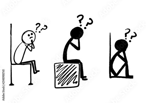 set of hand drawn confused stick figure sitting and thinking. man wondering. person questioning. gesture. pose. posture. body language.