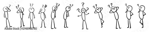 set of hand drawn confused stick figure thinking. man wondering. person questioning. gesture. pose. posture. body language.
