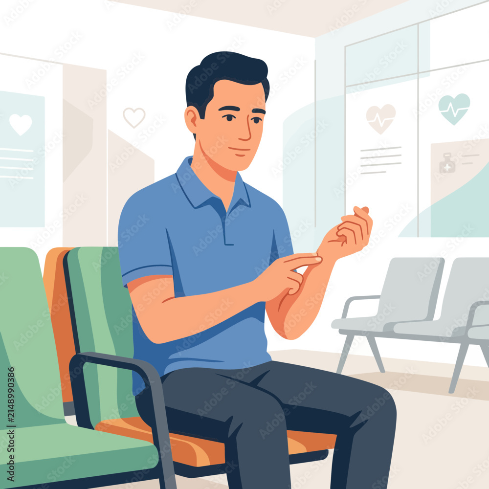 Fototapeta premium Man sitting in waiting room, examining his arm, healthcare concept illustration