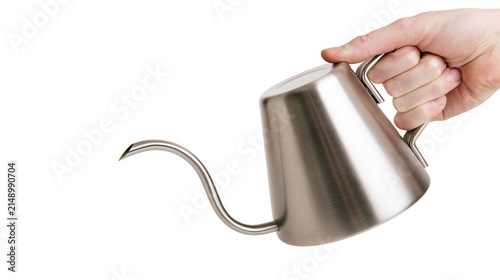 Fotografie Hand holding brushed stainless steel gooseneck kettle for pour over coffee