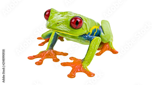 Photography Green red-eyed tree frog with orange feet on white
