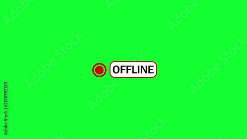 Abstract screen showing a small red blinking dot beside the OFFLINE text animation on green background. Red dot Offline status button indicating an inactive or disconnected status animation concepts