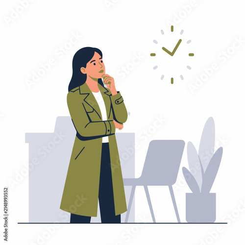Woman in trench coat thinking while looking at clock, modern flat vector illustration