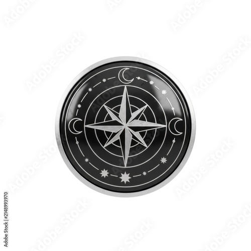 Circular Compass Emblem with Celestial Moon and Star Motifs