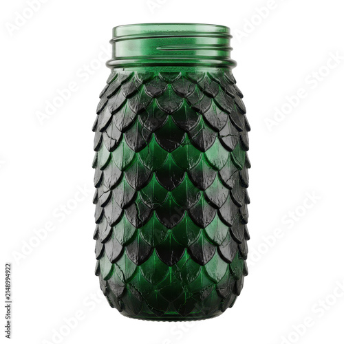 Green Glass Mason Jar with Textured Dragon Scale Pattern