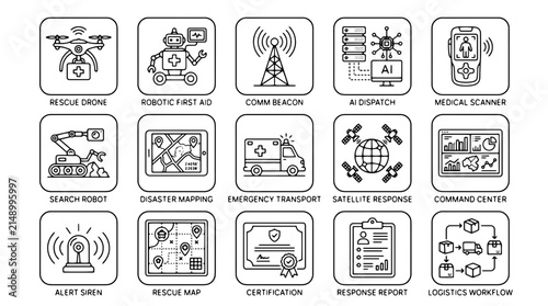Obraz na plátně Emergency rescue technology icons, set of 15 disaster response line vectors, rob