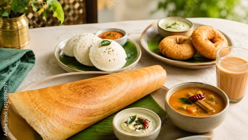 Delicious south indian breakfast spread featuring crispy golden dosa soft idli fluffy vada coconut chutney sambar and masala chai served on banana leaves in sunlight